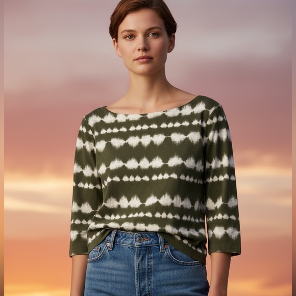 Jones New York Signature Small Tee olive/white 3/4 sleeve 100% cotton like new - Picture 2 of 7